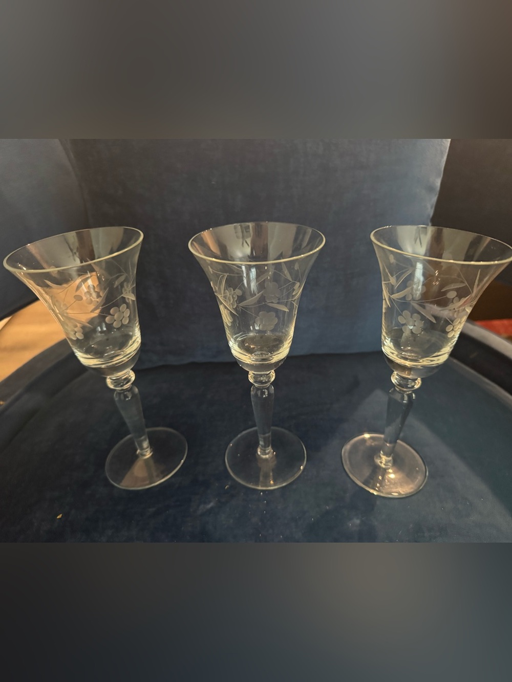 3 Vintage Etched Floral Clear Glass Wine Goblets- Clear